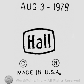 Hall, bold written inside a square, Made in U.S.A written under, initials C and R, each inside a small circle are placed above