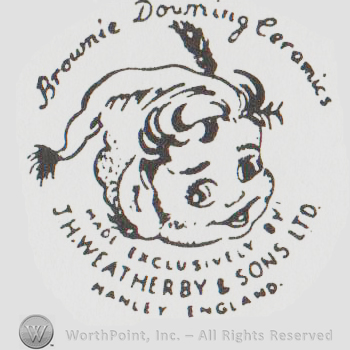 a child`s face and the text BROWNIE DOWNING CERAMICS MADE EXCLUSIVELY BY J H WETHERBY & SONS LTD HANLEY ENGLAND