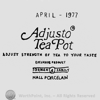 Written on 7 lines: Apr 1 - 1977, Ajusto Tea Pot, Forman 4 Family inside a rectangle, Nall Porcelain on the bottom