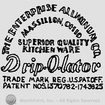 Curved, double outlined, bold writing above: The Enterprise Aluminium Co, Massillon, Ohio, Drip-O-lator written in the middle
