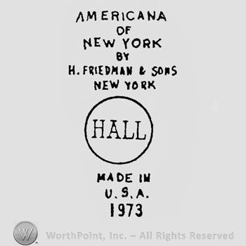Hall writteninside a circle, above is written Americana of New York, under is written Made in U.S.A. 1973