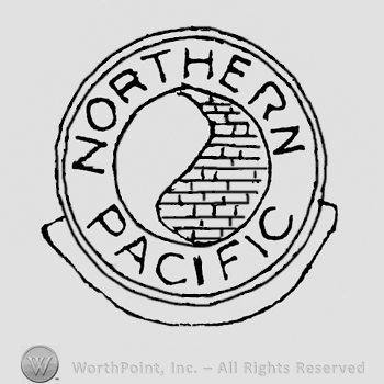 Written inside a life buoy, Northern Pacific, in the middle, half of the circle is stylized like a wall of brick