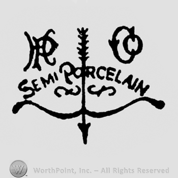 A bow and arrow faced down, Semi Porcelain written above. Monogram on top HP Co