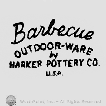 Barbecue written on top, Outdoor-Ware written in the middle, by Harker Pottery Co USA written on the bottom.