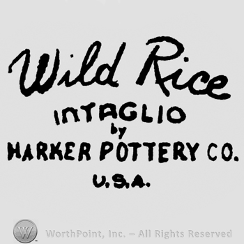 Wild Rice, handwritten above, Intaglio by Harker Pottery Co. U.S.A. is capital written under on 4 lines