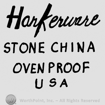 Harkerware italic and bold written on top, Stone China Oven Proof USA written on 3 lines under it.