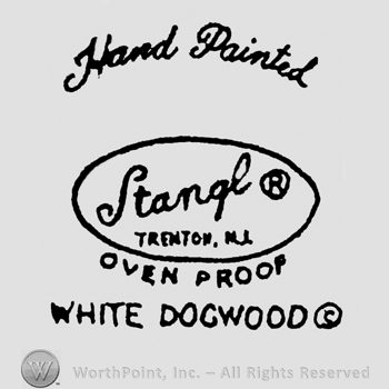 Stangl handwritten on a slanted line, Trenton Ill written under, inside an oval, Oven Proof White Dogwood written on 2 lines under the oval