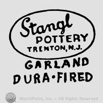 Stangl handwritten on a slanted line, Pottery Trenton N.J. written under, inside an oval, Garland Dura-Fired written under, on 2 lines, in capital letters