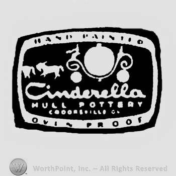 Cinderella Hull Pottery written under the carriage on 2 lines. Inside a rectangle with a black background. Above is written Hand Painted, under is written Oven Proof.
