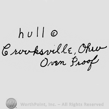 Hull, small c inside a circle. Crocksville, Ohio, Oven Proof, handwritten on 2 lines under