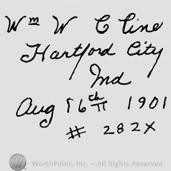 5 lines of writings: Hartford City, Ind. Written in the middle.