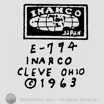 Globe with Inarco capital written above, Japan, capital written under, Inside a rectangle