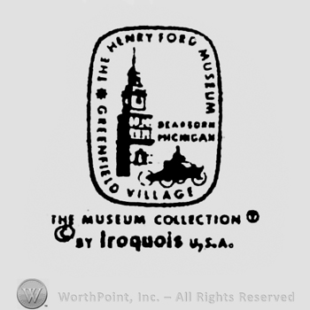 Image of a clocktower and a vintage car inside a rectangle. Under is written By Iroquois U.S.A.