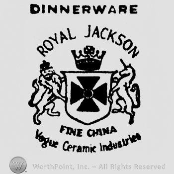 Crowned flag between a lion and an unicorn. Royal Jackson written on top. Fine China, Vogue Ceramic Industries written on the bottom on 2 lines.