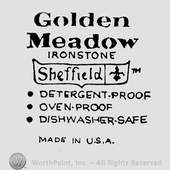 Golden Meadow: bold, capital written above. Ironstone written under. Sheffield and the image of an eagle appear on a ribbon in the center. Several writings about the characteristics. Made in USA: written on the bottom