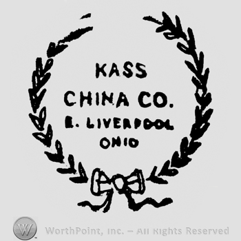 Kass China Co E. Liverpool Ohio written 4 lines inside a circle of laurels, bow on the bottom
