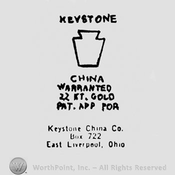 Image of a pot under the writing Keystone. China Warranted 22 kt Gold Pat App For Keystone China Co are written under