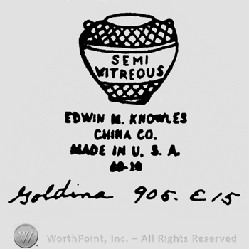 Semi Vitreous: capital written on  2 lines, on a pot. Edwin M. Knowles China Co. Made in USA written under. Goldina 905 E 15 handwritten on the bottom