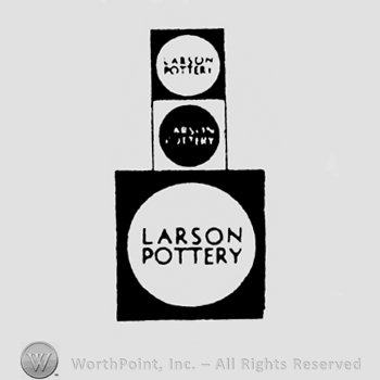 3 squares one on the other. First two are smaller then the 3rd. On the larger square is written inside a white circle: Larson Pottery