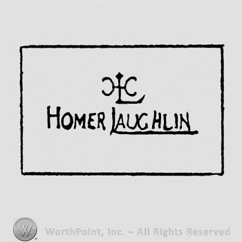 Homer Laughlin written with stylish letters. Monogram of his initials above. Inside a rectangle.