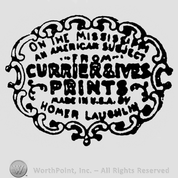 Currier & Ives Prints written in the middle of the label. Homer Laughlin is written on the bottom
