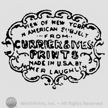 Currier & Ives Prints written in the middle of the label. Homer Laughlin is written on the bottom