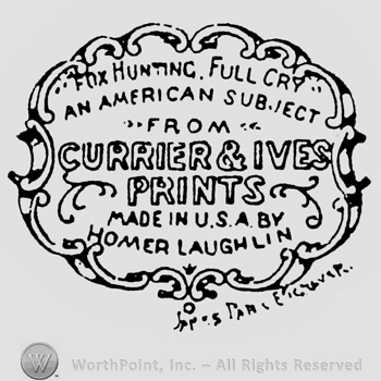 Currier & Ives Prints written in the middle of the label. Homer Laughlin is written on the bottom