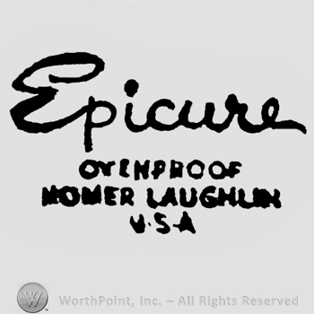 Epicure is handwritten on top. Oven Proof Homer Laughlin USA written under, on 3 lines.