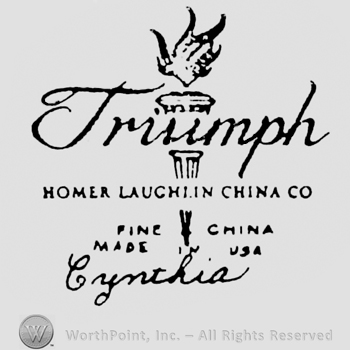 Triumph, handwritten on a olympic torch. Homer Laughlin Fine China Made in USA written under. Cynthia written on the bottom