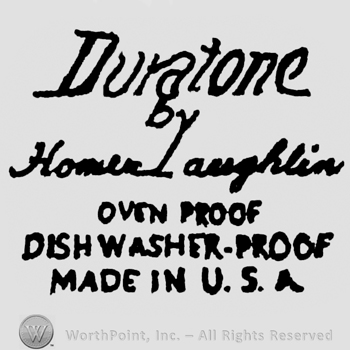 Duratone by Homer Laughlin written on top. Oven Proof Dish Washer Proof Made in U.S.A. writte on the bottom