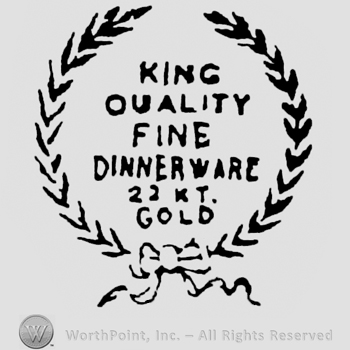 King Quality Fine Dinnerware 22 kt Gold written on 6 lines between laurels.