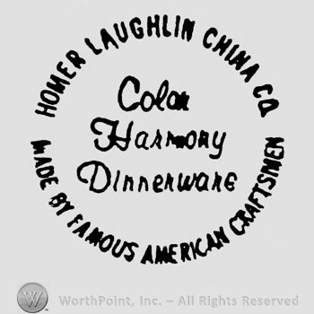 Homer Laughlin China Co written above, Made by Famous American Craftsmen written on the bottom, forming a circle. Color Harmony Dinnerware written in the middle, on 3 lines.