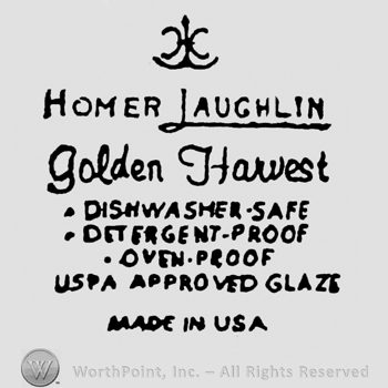Homer Laughlin written under the monogram of H L C. Golden Harvest written under. List of characteristics on the bottom