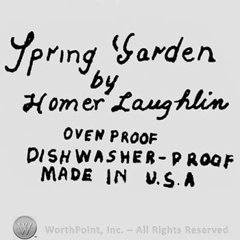 Spring Garden by Homer Laughlin written on top. Oven Proof Dishwasher Proof Made in USA written on the bottom