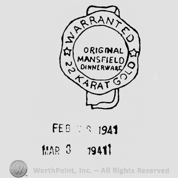 Medal on which is written Warranted 22 Karat Gold. Original Mansfield Dinnerware written inside
