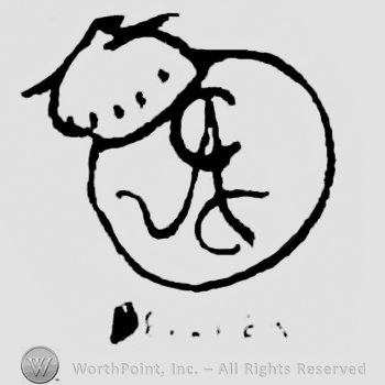Monogram of letters Acc inside a circle painter's pallet above