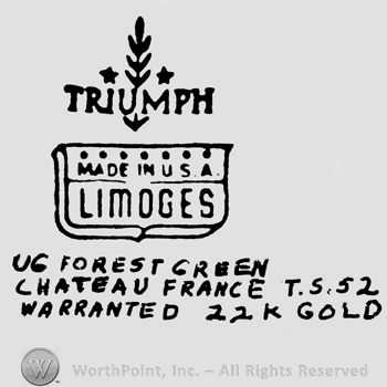 Wheat between stars above writing Triumph in capital 7 stars Made In USA under underlined Limoges under in capital all on a shield under writing Ug Forrest Green Chateau France T.S. 52 Warranted 22K Gold under in capital