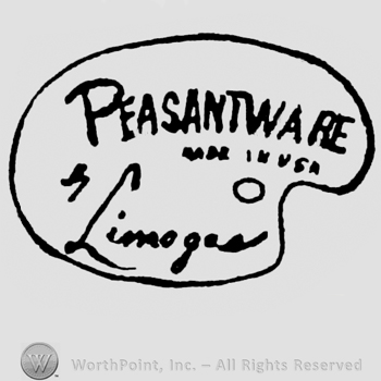 Curved writing Peasantville Made In USA up in capital letters By Limoges stylish writing all inside a painter's pallet
