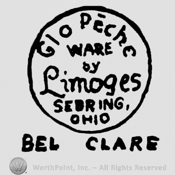Curved writing Glo Peche up Sebring Ohio down in capital letters Ware By Limoges middle all inside a circle wirting Ben Clare under in capital letters