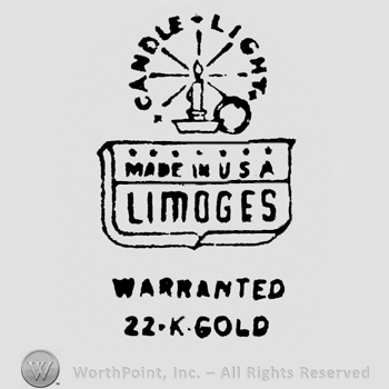 Curved writing Candle Light around candle up 7 stars Made In USA under underlined Limoges under in capital all on a shield under Warranted 22 k Gold under