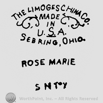 Curved writing The Limoges China Co up Sebring Ohio down Made In USA middle between laurels Rose Marie under all in capital letters