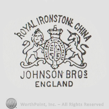 Royal Ironstone China written with uppercase letters over pranced lion and unicorn facing an oval design with crown above, Johnson Bros England written below with uppercase letters