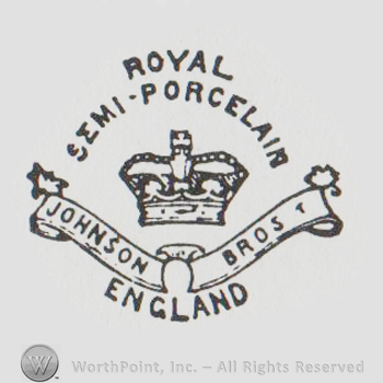 Royal Semi-Porcelain written with uppercase letters over a crown, ribbon below with Johnson Bros written on it, England written below with uppercase letters