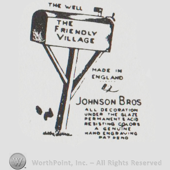 The Friendly Village written with uppercase letters on a mail box, Made in England written below with uppercase letters along with Johnson Brow and other writings, all in uppercase