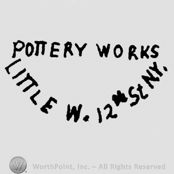 Writing Potteryworks up curved writing Little West 12 St NY under all in capital letters
