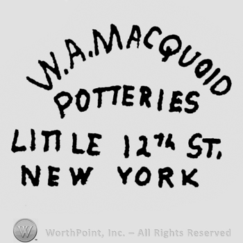 Curved writing W.A. Macquoid & Co Potteries up  writing Little West 12 St New York under all in capital letters