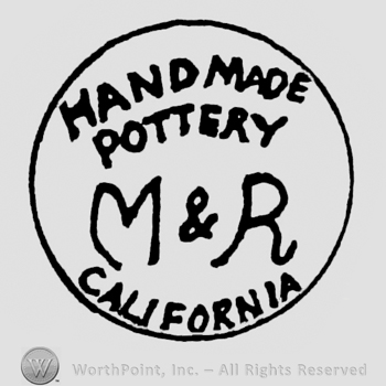 Curved writing Handmade Pottery up California down Initials M&R middle all inside a circle in capital letters