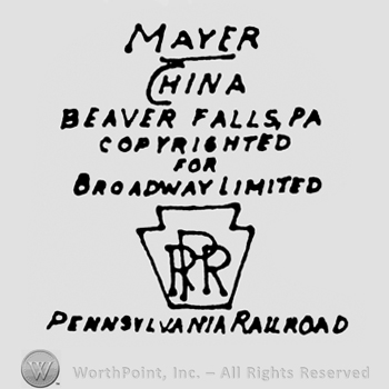 Writing from top to bottom Mayer China Beaver Falls Pa Copyrighted for Brodway Limited monogram of letters PRR inside a pot Pensylvania Railroad
