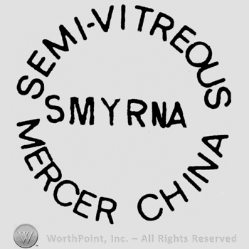 Curved writing in circle shape Semi-vitreous up Mercer China down Smyrna middle all capital letters