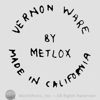 Curved capital writing in circle shape Vernon Ware up Made in California down By Metlox middle